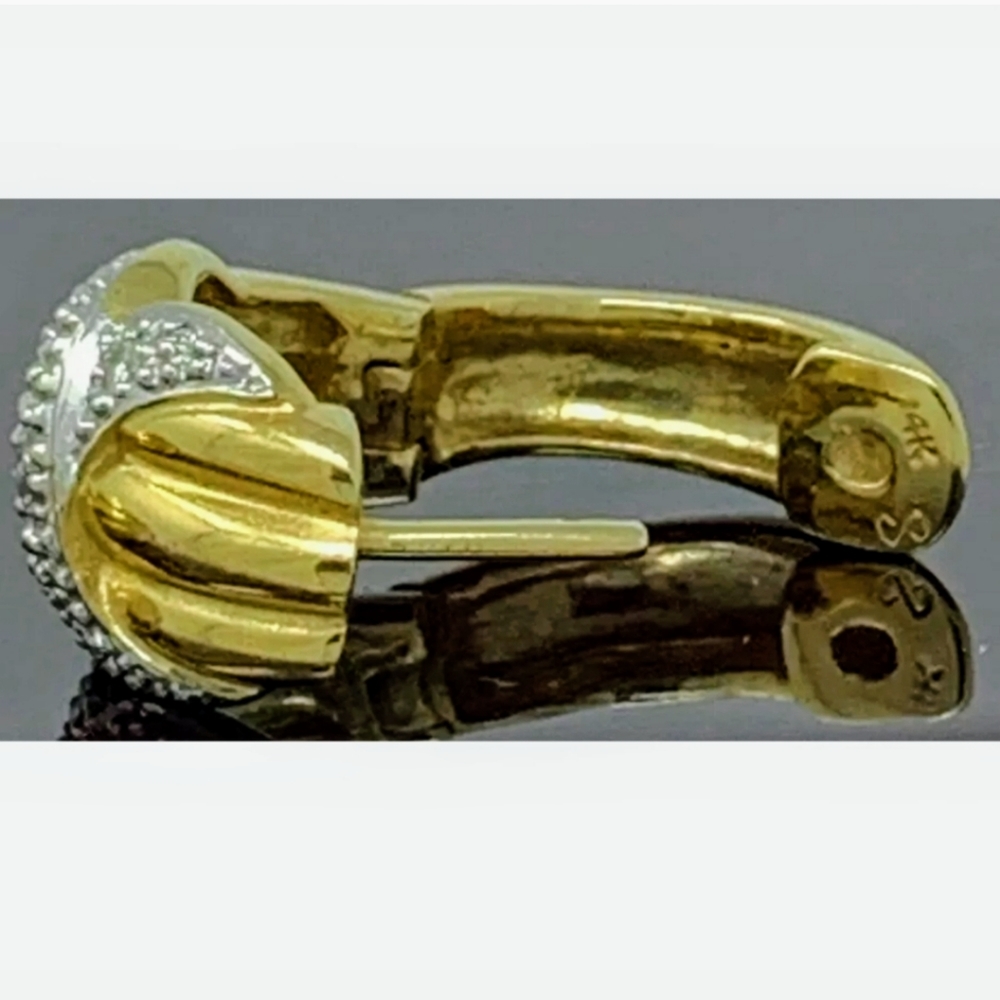6 gr REAL 14K Gold Ribbed Diamond Earrings Huggies - Picture 2 of 4
